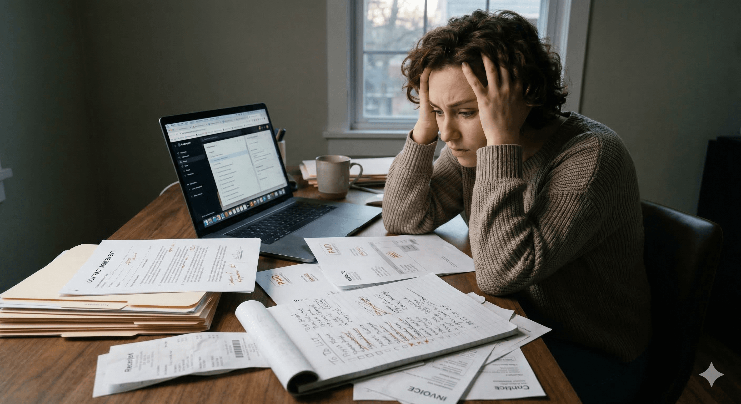 Freelancer overwhelmed with invoices and papers